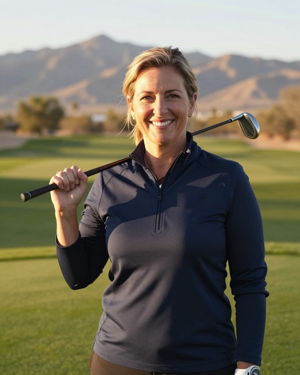 Dana Whitfield, PGA Class A Professional, an iron resting on her shoulder on the range at Fairhaven Golf Studio