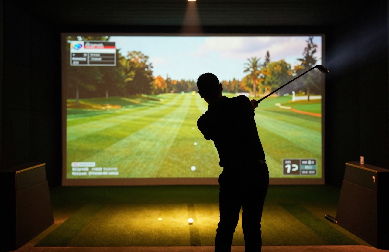 A golfer at address in a Fairway & Forge simulator bay, silhouetted against a bright impact screen showing a sunlit championship fairway