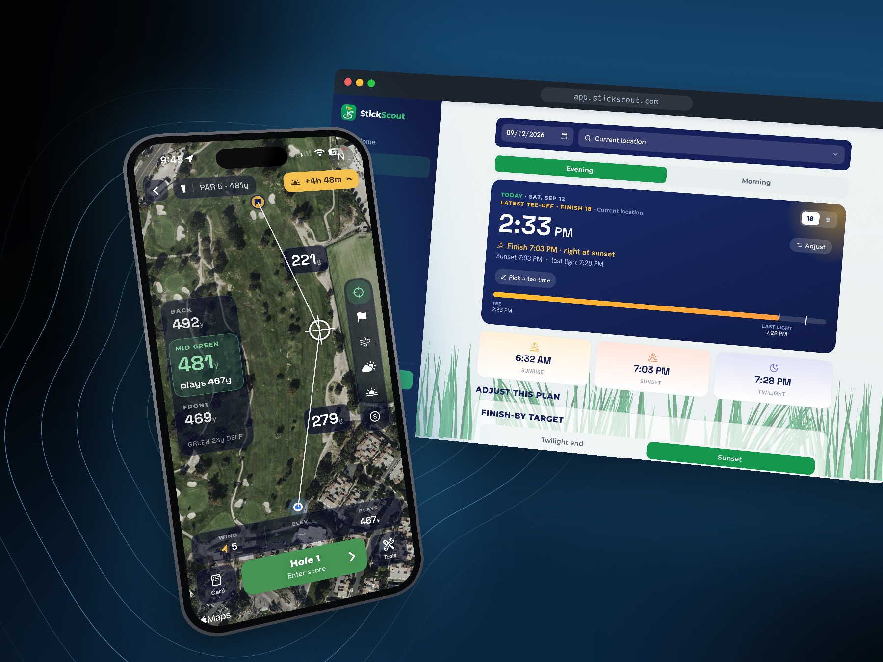 StickScout on iPhone and on the web — the on-course GPS view showing hole 1, par 5, 481 yards with live distances to front, middle and back of the green, alongside the web app twilight planner